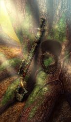  beads brown_theme camouflage commentary_request diffraction_spikes fate/grand_order fate_(series) glint gun higashiyama_hayato jewelry light_rays moss no_humans official_art outdoors rifle still_life third-party_source tree unworn_jewelry weapon weapon_focus weapon_request 