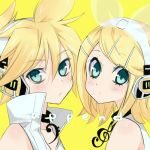  bad_id blonde_hair brother_and_sister hair_ornament hair_ribbon hairclip headphones kagamine_len kagamine_len_(append) kagamine_rin kagamine_rin_(append) len_append lowres mikippa popped_collar ribbon rin_append short_hair siblings twins vocaloid vocaloid_append 
