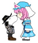  blush charles_schulz_(style) crossover ghost hat incipient_kiss nose_touching peanuts pink_hair saigyouji_yuyuko shin'en_(gyokuro_company) shinryoku_(j-1) short_hair simple_background snoopy touhou 