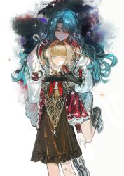  2girls ;o absurdres blonde_hair blue_eyes blue_hair boots border braid braided_bangs brown_dress cloak dress fading_border feet_out_of_frame grey_boots grey_jacket hand_up head_on_head head_rest highres hissabeth hug hug_from_behind jacket kiperina leg_up long_hair looking_at_another looking_at_viewer looking_down low_ponytail medium_dress multiple_girls neckerchief one_eye_closed ponytail red_cloak red_neckerchief reverse:1999 shirt snake snake_on_head sparkle standing standing_on_one_leg star_(sky) starry_sky_background weiyan_(nbnbmwnl) white_background white_shirt yellow_eyes 