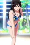  amagami bikini black_hair blue_eyes blush breasts cap cleavage collarbone drill_hair hand_on_hip highres hips leaning leaning_forward long_hair morishima_haruka navel open_mouth outdoors screencap standing stitched swimsuit 