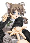  animal_ears blue_eyes braid brown_hair cat_ears lynette_bishop necktie open_mouth outstretched_hand ponytail roura strike_witches sweater 