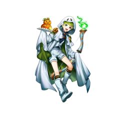  1boy absurdres bow_(weapon) cloak commentary_request fire_emblem fire_emblem:_path_of_radiance fire_emblem_heroes full_body ghost_costume green_eyes green_hair halloween_costume highres holding holding_bow_(weapon) holding_weapon hood hooded_cloak jack-o&#039;-lantern looking_at_viewer male_focus mikurou_(nayuta) open_mouth rolf_(fire_emblem) short_hair shorts simple_background solo two-sided_fabric weapon white_background 