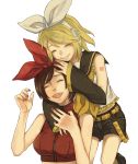  age_difference bow breasts hair_ornament hairpin headphones hug kagamine_rin meiko multiple_girls nail_polish shorts vocaloid 