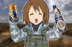  1girl alcohol ammunition_pouch black_gloves black_shirt bottle bulletproof_vest camouflage camouflage_jacket can closed_eyes drink_can energy_drink fingerless_gloves game_screenshot glass_bottle gloves hair_ornament hairclip hands_up hirasawa_yui holding holding_bottle holding_can jacket japanese_clothes k-on! kimono limestone_(artist) open_clothes open_kimono open_mouth pouch shirt smile solo stalker_(game) teeth turtleneck turtleneck_shirt upper_teeth_only vodka 