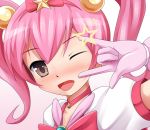  \m/ backpack bag blush bow cosplay eto gloves hoshikuzu_witch_meruru kurusu_kanako magical_girl meruru_(oreimo) meruru_(oreimo)_(cosplay) open_mouth ore_no_imouto_ga_konna_ni_kawaii_wake_ga_nai pink_hair pointing randoseru smile solo star twintails wink 