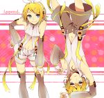  arm_warmers blonde_hair brother_and_sister detached_sleeves fingerless_gloves gloves hair_ornament hair_ribbon hairclip highres kagamine_len kagamine_len_(append) kagamine_rin kagamine_rin_(append) len_append navel navel_cutout ribbon rin_append shivue short_hair shorts siblings smile twins vocaloid vocaloid_append 