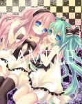  bad_id bare_shoulders bow checkered checkered_background dress hair_bow hair_ribbon hatsune_miku jewelry kosuzume long_hair megurine_luka multiple_girls necklace ribbon sample strapless_dress thigh-highs thighhighs very_long_hair vocaloid 
