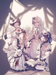  1other 25-ji_kaito 25-ji_len 25-ji_luka 25-ji_meiko 25-ji_miku 25-ji_nightcord_de._(project_sekai) 25-ji_rin 3girls absurdres adjusting_another&#039;s_hair akiyama_mizuki asahina_mafuyu backlighting black_bow black_ribbon blue_eyes bow brown_eyes brown_hair closed_eyes commentary_request crinoline dress flower frilled_dress frilled_skirt frilled_sleeves frills hair_between_eyes hair_bow hair_flower hair_ornament hair_ribbon hand_up hands_on_lap hat hatsune_miku highres kagamine_len kagamine_rin kaito_(vocaloid) keikyoku_no_machi_wa_doko_e_(project_sekai) kneeling lace-trimmed_ribbon lace_trim layered_skirt long_hair long_sidelocks long_sleeves looking_at_another megurine_luka meiko_(vocaloid) mini_hat multiple_girls official_alternate_costume outstretched_arm pink_hair ponytail project_sekai purple_hair purple_skirt ribbon rose saku8587 shinonome_ena short_hair side_ponytail sidelocks sideways_hat sitting skirt twitter_username violet_eyes vocaloid wariza white_dress white_hair white_hat yoisaki_kanade 