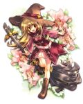  blonde_hair boots broom character_request flower hat lily_(flower) long_hair mabinogi mariko_(leda) open_mouth orange_eyes smile witch 