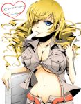  blonde_hair blue_eyes breasts character_name cleavage collarbone drill_hair hair_over_one_eye large_breasts long_hair midriff mound_of_venus mouth_hold mya_(ma0ma0ma) navel oriana_thompson sleeves_rolled_up smile solo to_aru_majutsu_no_index under_boob underboob 