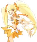  blonde_hair cure_sunshine dress hair_ornament hair_ribbon heartcatch_precure! instrument magical_girl michi_ta_(masquerade) myoudouin_itsuki orange_(color) orange_dress orange_eyes precure ribbon shiny_tambourine solo tambourine twintails white_background yellow_eyes 