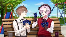  2boys :d ahoge bench beret black_bow black_bowtie black_gloves black_hat black_ribbon blue_sky blurry blurry_background bow bowtie brooch brown_eyes brown_hair bush buttons card clawed_gauntlets clouds collared_shirt commentary_request crossed_bangs day genderswap genderswap_(ftm) gloves hair_between_eyes hair_ornament hat hat_ribbon holding holding_card hyakumantenbara_salome jewelry kagami_hayato long_sleeves looking_at_another looking_to_the_side male_focus matsuyukisub multiple_boys neck_ribbon nijisanji on_bench open_mouth outdoors parted_bangs playground playing_card purple_hair red_sweater_vest ribbon school_uniform second-party_source shirt short_hair sitting sky slide smile suspenders sweater_vest swing_set tree v-shaped_eyebrows violet_eyes virtual_youtuber white_shirt x_hair_ornament 
