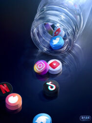  absurdres discord discord_logo highres instagram instagram_logo jar netflix no_humans original pill reflection signature still_life tiktok tiktok_logo tinder twitter twitter_logo twitter_x_logo utsusemi_rari youtube youtube_logo 