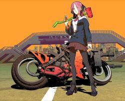  1girl chuuou_higashiguchi commentary_request expressionless full_body hammer high_heels highres jacket long_hair looking_at_viewer motor_vehicle motorcycle orange_eyes orange_sky original overpass pantyhose pink_hair skirt sky sledgehammer solo 