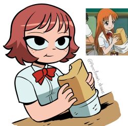  1girl black_eyes bleach bow bowtie bread commentary cosplay eating food highres holding holding_food inoue_orihime inoue_orihime_(cosplay) kim_pine loaf_of_bread official_style parody pencilman_draws red_bow red_bowtie red_hair reference_inset school_uniform scott_pilgrim_(series) scott_pilgrim_takes_off solo table twitter_username 