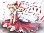  bad_id blonde_hair checkered flandre_scarlet floor hat itoo light_smile petals red_eyes sitting solo the_embodiment_of_scarlet_devil touhou wings wrist_cuffs wristband 