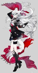  1girl absurdres ahoge animal_ears arknights black_boots black_jacket black_skirt boots buqiyong cropped_jacket from_side gradient_necktie grey_background grey_eyes hair_ornament hairclip highres holding holding_scarf holding_unworn_clothes jacket knee_boots lappland_(arknights) lappland_the_decadenza_(arknights) long_hair long_sleeves looking_at_viewer material_growth messy_hair necktie open_clothes open_jacket oripathy_lesion_(arknights) parted_lips purple_necktie red_necktie red_scarf scarf shirt simple_background skirt smile solo thigh_strap white_hair white_shirt wolf_ears wolf_girl 