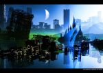  city crescent_moon evening kaikatsu koala_(kaikatsu) letterboxed moon original refelction reflection scenery sky water 