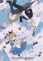  1boy 1girl absurdres alice_(alice_in_wonderland) alice_(alice_in_wonderland)_(cosplay) alice_in_wonderland animal_ears apron arm_behind_back black_hairband black_pants black_shoes blue_dress blue_sky book brown_hair card chinese_commentary clouds coat collared_shirt commentary_request commission copyright_name cosplay cup dress drooling falling_petals flower green_eyes grey_hair grin hairband highres holding holding_cup holding_flower holding_plate kemonomimi_mode kneehighs maka_albarn mary_janes mouth_drool mug open_clothes open_coat pants parted_lips petals plate playing_card pocket_watch rabbit_ears red_eyes red_flower red_rose rice_(somasuki_77) rose rose_petals sharp_teeth shirt shoes sky smile socks soul_eater soul_evans star_(symbol) teeth twintails watch watermark white_apron white_rabbit_(alice_in_wonderland) white_rabbit_(alice_in_wonderland)_(cosplay) white_shirt white_socks 