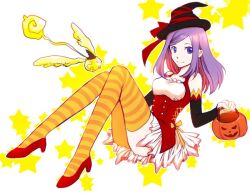  1girl 1other asukawvm basket black_hat black_sleeves blue_eyes colored_inner_hair creature cross d.gray-man detached_sleeves dress dress_ribbon feathered_wings golem_(d.gray-man) halloween_bucket hat hat_ribbon high_heels holding holding_basket legs lenalee_lee light_smile looking_at_viewer medium_hair multicolored_hair orange_stripes pumpkin purple_hair red_dress red_hair red_ribbon red_shoes red_stripes ribbon shoes sidelocks sitting sleeveless sleeveless_dress star_(symbol) striped_clothes striped_sleeves striped_thighhighs tail thigh-highs thighs timcanpy two-tone_dress white_background white_dress wings witch_hat yellow_ribbon yellow_star yellow_stripes yellow_thighhighs zettai_ryouiki 