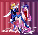  back_lace blonde_hair bow bracelet cosplay costume_swap costume_switch crossed_legs dress earrings gun hoop_earrings jewelry multicolored_hair multiple_girls necklace panty_&amp;_stocking_with_garterbelt panty_(character) panty_(character)_(cosplay) panty_(psg) shinoasa sitting stocking_(character) stocking_(character)_(cosplay) stocking_(psg) striped striped_legwear stripes_i_&amp;_ii sword thighhighs two-tone_hair weapon 