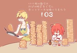 1boy 1girl ahoge apron blonde_hair chaldea_uniform commentary_request cooking eating fate/grand_order fate_(series) food food_on_head fork frying_pan fujimaru_ritsuka_(female) gilgamesh_(caster)_(fate) gilgamesh_(fate) holding holding_fork holding_frying_pan holding_spatula naked_apron object_on_head pancake pancake_stack plate red_hair rkp shaded_face shoulder_tattoo spatula tattoo too_much_food translation_request yellow_apron 