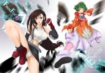  bad_id boots breasts brown_hair character_name choker crop_top crossover dress elbow_gloves farah_oersted final_fantasy final_fantasy_vii fingerless_gloves gloves green_eyes green_hair kicking long_hair low-tied_long_hair midriff multiple_girls navel open_mouth orange_dress panties red_eyes shiitake_urimo short_hair suspenders tales_of_(series) tales_of_eternia tank_top taut_shirt tifa_lockhart title_drop underwear weapon_connection white_panties yellow_eyes 