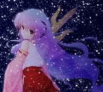  hanyuu higurashi_no_naku_koro_ni horns japanese_clothes long_hair looking_back miko purple_eyes purple_hair semimaru snow solo standing sword violet_eyes weapon 