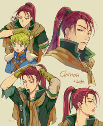  2boys akke arrow_(projectile) character_name commentary_request fire_emblem fire_emblem:_path_of_radiance green_eyes green_hair long_hair male_focus mouth_hold multiple_boys multiple_views ponytail red_hair rolf_(fire_emblem) shinon_(fire_emblem) short_hair simple_background 