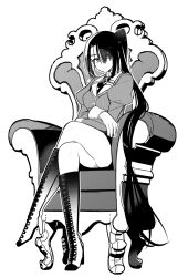  1girl boots breasts chair commentary_request crossed_legs full_body gloves greyscale hair_between_eyes higaragi highres jacket juliet_sleeves kantai_collection knee_boots long_hair long_sleeves looking_at_viewer monochrome nachi_(kancolle) nachi_kai_ni_(kancolle) puffy_sleeves side_ponytail simple_background sitting solo very_long_hair 