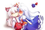  blush cheek_kiss chibi fujiwara_no_mokou hat hat_removed headwear_removed heart kamishirasawa_keine kiss multiple_girls sleeping touhou yetworldview_kaze yuri 