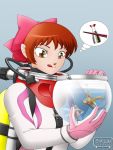  :p bodysuit bow brown_eyes comedy diving_suit fish gegege_no_kitarou gloves hair_ornament helmet humor nekomusume original red_hair redhead scuba short_hair smile thought tongue uzusio water wetsuit 