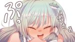  blush closed_eyes cream_(artist) cream_(nipakupa) eyes_closed face frog gasp green_hair hair_ornament kochiya_sanae long_hair open_mouth smile solo touhou translated 