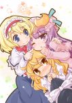  :&lt; alice_margatroid blonde_hair blue_eyes blush bow braid crescent dutch_angle hair_bow hairband hand_on_shoulder hat hat_removed headwear_removed kirisame_marisa long_hair mayuge_inu multiple_girls patchouli_knowledge purple_eyes purple_hair short_hair smile touhou wavy_mouth wince wink yellow_eyes 