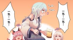  animal_ears bare_shoulders beer blush cat_ears cream_(artist) cream_(nipakupa) cup detached_sleeves fang izayoi_sakuya kaenbyou_rin kochiya_sanae long_hair mug multiple_girls red_eyes silver_hair touhou translated 