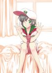  bad_id barefoot bed bed_sheet black_hair body_mahattaya_ginga face green_eyes hands hat murasa_minamitsu sailor sailor_collar sailor_hat short_hair shorts sitting smile solo touhou undressing wink 