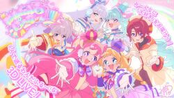  2boys 4girls animal_ears april_fools aqua_hair aqua_hat aqua_nails bare_shoulders belt belt_buckle beret black_belt blonde_hair blue_crown blue_eyes blue_hairband blue_nails blue_neckerchief blunt_bangs blush bow bow_choker bow_earrings bowtie braid bright_pupils brown_hair buckle buttons capelet choker clothing_cutout commentary_request confetti copyright_name cowboy_shot crown crown_earrings cure_friendy cure_lillian cure_nyammy cure_wonderful deerstalker dot_nose dress dress_bow earrings english_text eyelashes eyes_visible_through_hair floating_clothes frilled_dress frilled_headwear frilled_sleeves frilled_wrist_cuffs frills gloves green_brooch grey_hair grey_pants hair_between_eyes hair_bow hairband hand_on_own_chest happy hat hat_ornament headset heart heart_hands heart_hands_duo heart_hat_ornament high_side_ponytail holding_hands horizontal-striped_sleeve_cuffs interlocked_fingers inukai_iroha inukai_komugi jewelry large_bow light_blush long_hair looking_at_viewer lop_rabbit_ears low_twin_braids magical_boy magical_girl mini_crown mini_hat mini_top_hat multicolored_hair multiple_boys multiple_girls nail_polish neckerchief nekoyashiki_mayu nekoyashiki_yuki offering_hand open_mouth orange_bow orange_shirt orange_sleeve_cuffs outstretched_arm palms pants parted_bangs paru_rari paw_print pink_bow pink_bowtie pink_brooch pink_crown pink_dress pink_eyes pink_hair pink_wrist_cuffs pleated_dress precure puffy_short_sleeves puffy_sleeves purple_bow purple_bowtie purple_capelet purple_choker purple_dress purple_hairband purple_hat purple_wrist_cuffs rabbit_ears robe sailor_collar shirt short_dress short_sleeves shoulder_cutout sidelocks signature single_stripe smile sphere_earrings standing star_(symbol) straight_hair streaked_hair striped_bow striped_bowtie striped_clothes tareme top_hat toyama_daifuku toyama_satoru translation_request tsurime turtleneck turtleneck_shirt twin_braids twitter_username two_side_up very_long_hair violet_eyes wavy_hair white_background white_bow white_bowtie white_dress white_gloves white_hat white_pupils white_robe white_sleeves wonderful_precure! wrist_cuffs yellow_hairband yellow_sailor_collar 