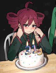 2girls absurdres ahoge angry annoyed bare_shoulders birthday birthday_cake black_background black_shirt black_sleeves blurry blush bokeh cake candle chair character_age closed_mouth commentary curled_fingers depth_of_field detached_sleeves drill_hair elbow_on_table elbow_rest food frown fruit green_hair hair_between_eyes hatsune_miku head_out_of_frame head_rest highres kasane_teto light_particles long_hair looking_at_viewer multiple_girls on_chair pear pearto red_eyes red_hair shirt sitting sketch solo_focus sprinkles table tenten_(chan4545) tray twin_drills twintails utau v-shaped_eyebrows vocaloid