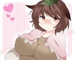  1girl animal_ears blush brown_eyes brown_hair bust capelet futatsuiwa_mamizou glasses hammer_(sunset_beach) heart impossible_clothes impossible_shirt leaf leaf_on_head raccoon_ears short_hair solo touhou 