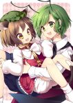  2girls :3 animal_ears antennae argyle argyle_background bad_id bloomers brown_eyes brown_hair cape cat_ears cat_tail chen child earrings eye_contact fang green_eyes green_hair hand_on_another&#039;s_cheek hand_on_another&#039;s_face hat highres jewelry looking_at_another masaru.jp multiple_girls multiple_tails open_mouth reverse_trap short_hair single_earring sitting sitting_on_lap sitting_on_person smile tail touhou wriggle_nightbug yellow_eyes 