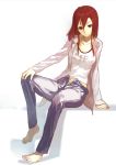  casual face feet jeans long_hair masatou original panties payot red_eyes red_hair redhead shirabi_(life-is-free) solo striped striped_panties unbuttoned underwear 