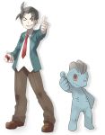  1boy a-ka black_hair brown_eyes crossover holding holding_poke_ball machop parody poke_ball pokemon pokemon_(creature) pokemon_(game) pokemon_rgby school_uniform short_hair style_parody suzumiya_haruhi_no_yuuutsu symmetry taniguchi thumbs_up wink 