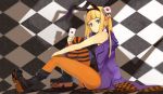  asymmetrical_clothes asymmetrical_clothing blonde_hair blue_eyes boots bunny_ears bunnysuit card checkered dice face hair_ornament holding holding_card jacket leg_lift masatou mismatched_legwear orange_legwear orange_pantyhose original pantyhose pointy_ears shirabi_(life-is-free) sitting solo striped striped_legwear striped_thighhighs thighhighs 