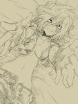  belt breasts face fingerless_gloves foreshortening from_above gloves hands jin_(artist) lying midriff monochrome navel on_back open_clothes open_shirt original reaching shirt short_hair sketch smile solo spot_color unzipped white_eyes 