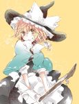  alternate_hairstyle blonde_hair blush bow braid broom capelet hair_bow hat highres kirisame_marisa poprication riding short_hair sketch smile solo touhou witch witch_hat yellow_eyes 