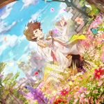  brown_hair butterfly dutch_angle flower highres jewelry necklace original petals promotions shigureteki shirt short_hair smile solo 