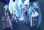  armor bow from_behind hair_ribbon hatsune_miku kagamine_len kagamine_rin long_hair megurine_luka midriff multiple_girls nino_h ribbon rpg scarf short_hair staff thigh-highs thighhighs twintails vocaloid weapon 