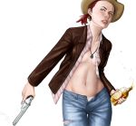  bad_id blue_eyes breasts fallout fallout_new_vegas gun handgun hat jeans jewelry midriff necklace no_bra open_clothes open_fly open_shirt pants ponytail red_hair redhead revolver rose_of_sharon_cassidy shirt solo unbuttoned unzipped weapon whiskey yorimitsu 