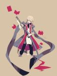  blazblue brown_background jin_kisaragi kisaragi_jin kneeling male shikimi_(yurakuru) sword weapon 